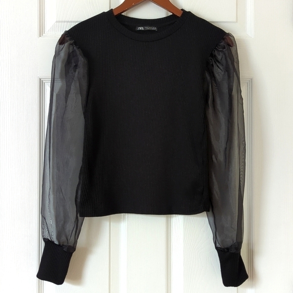 Zara Dainty Cropped Ribbed Knit Long Sheer Balloon Sleeve Crewneck Blouse Black - Picture 1 of 10